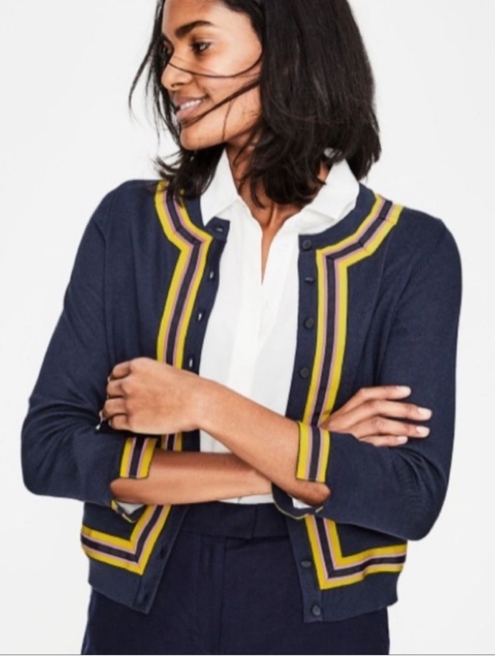 Boden Abigail Grossgrain Ribbon Trim Button Down Cardigan in Navy
